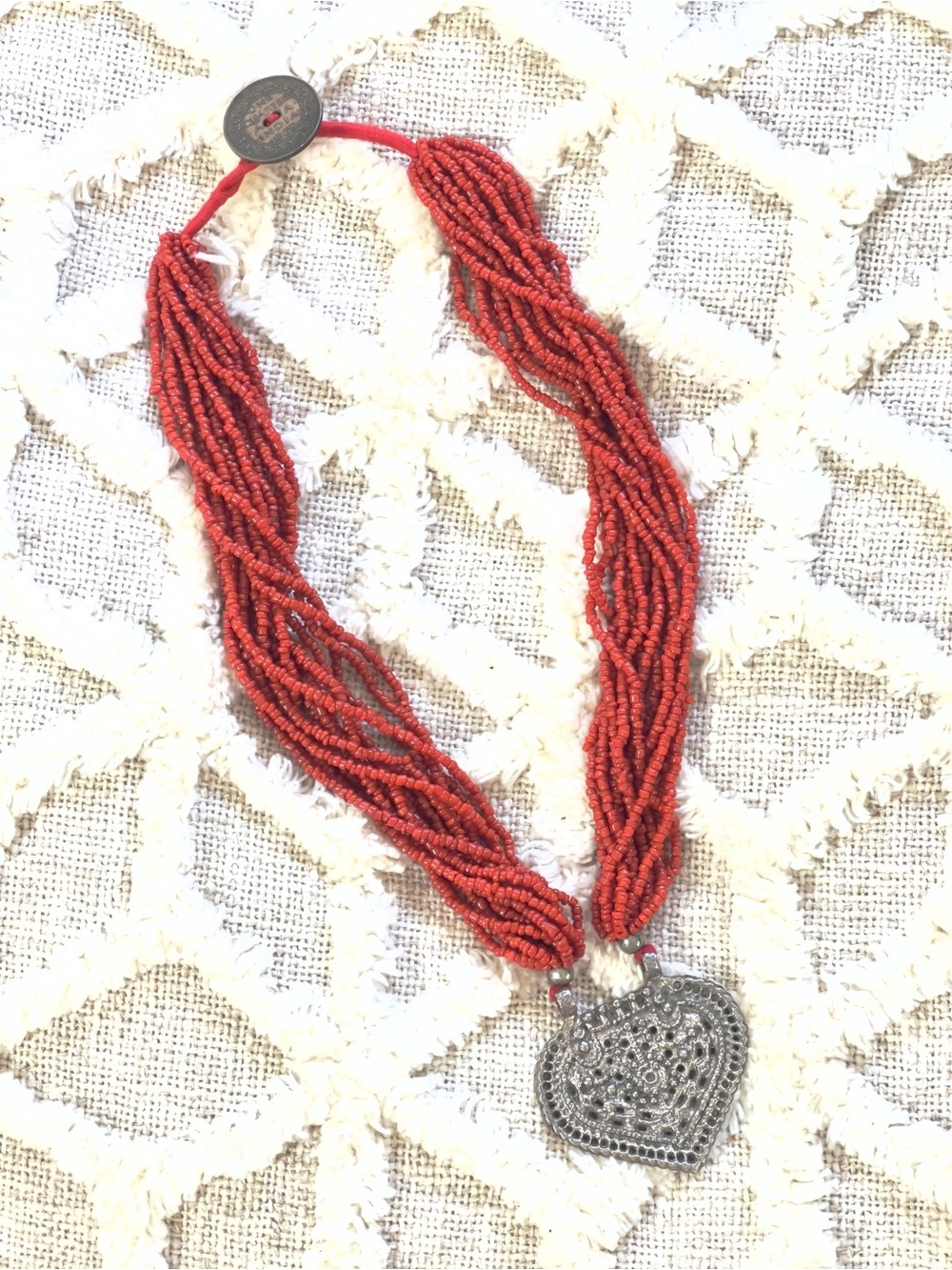 Vintage Himalayan or Tibetan Tribal Multi-Stand Coral Amulet Boho Necklace